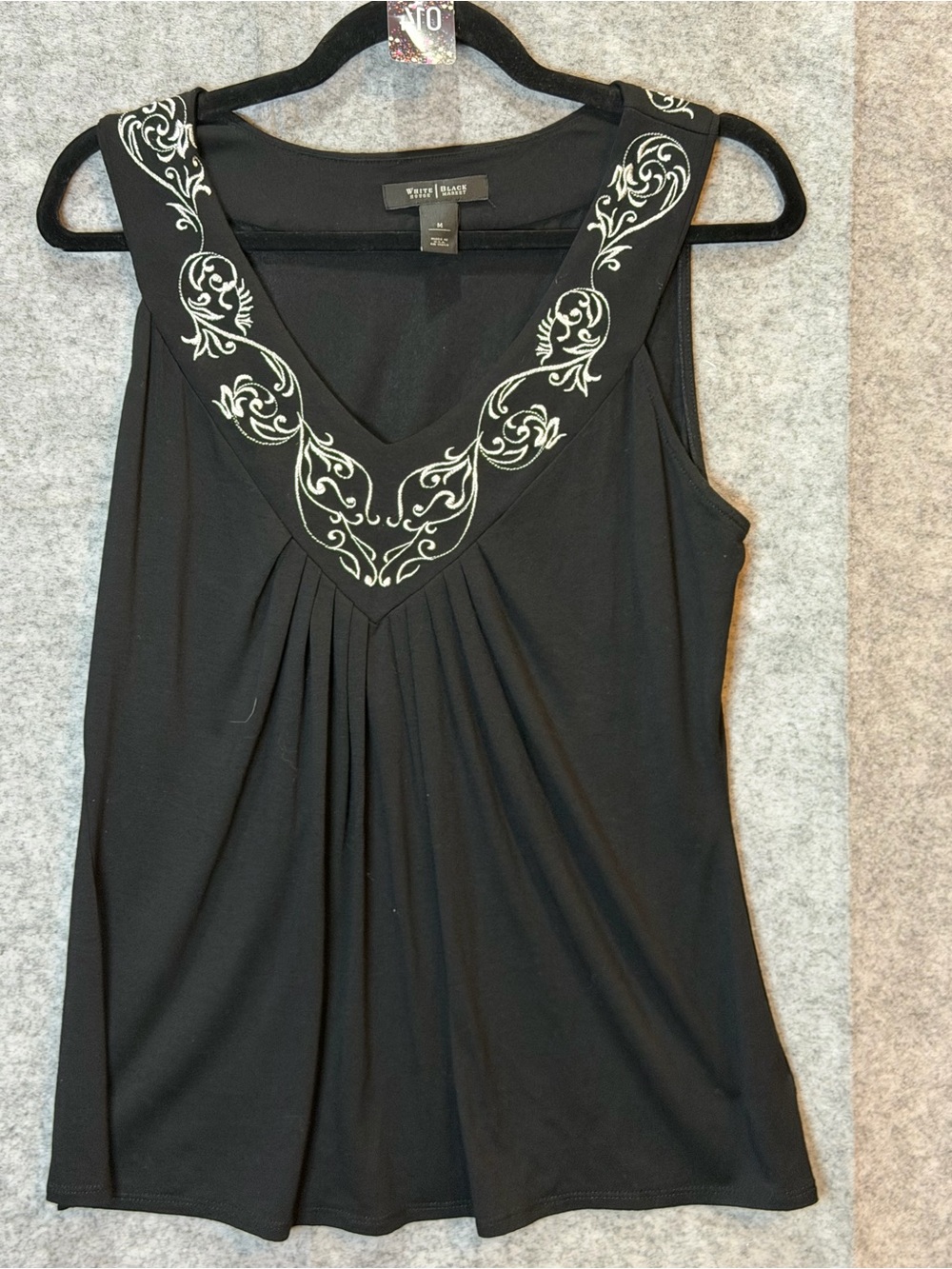 White House Black Market Embroidered Black Sleeveless Top Medium Boho